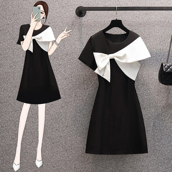Plus Size Korean Monochrome Ribbon Short Sleeve Dress