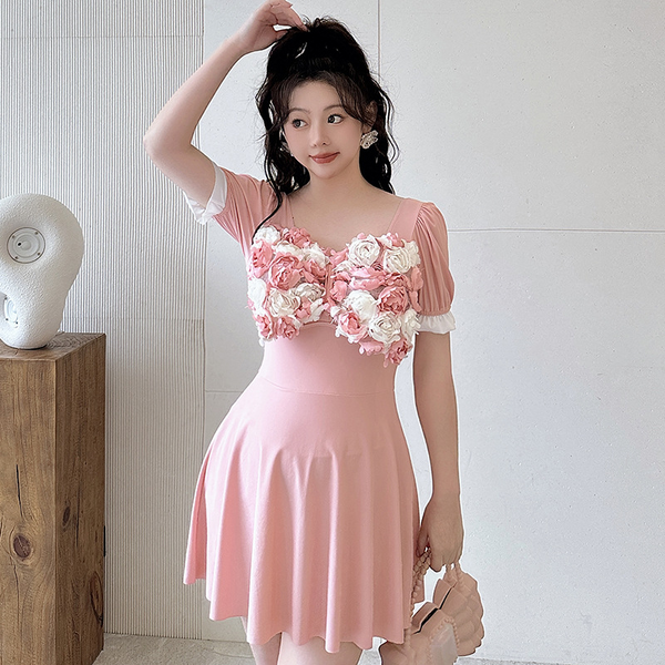Plus Size Korean Pink Floral Short Sleeve Dress Swimsuit