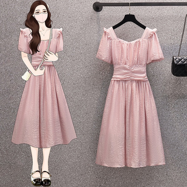 Plus Size Korean Pink Square Neck Short Sleeve Dress