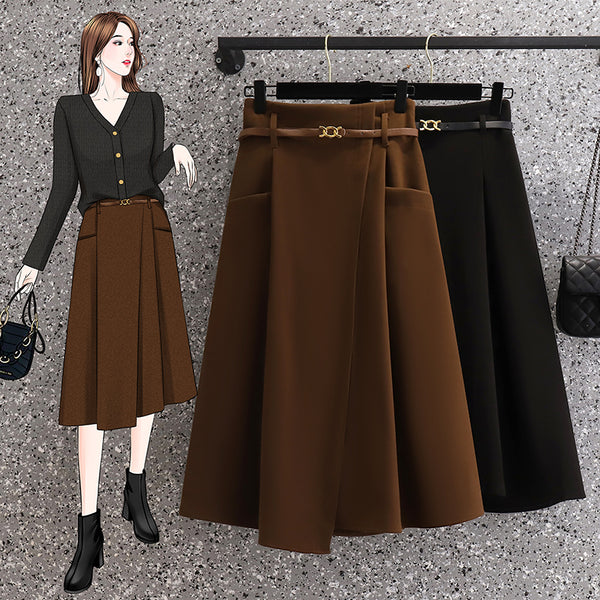 Plus Size Korean Pleat A Line Midi Skirt (With Belt)