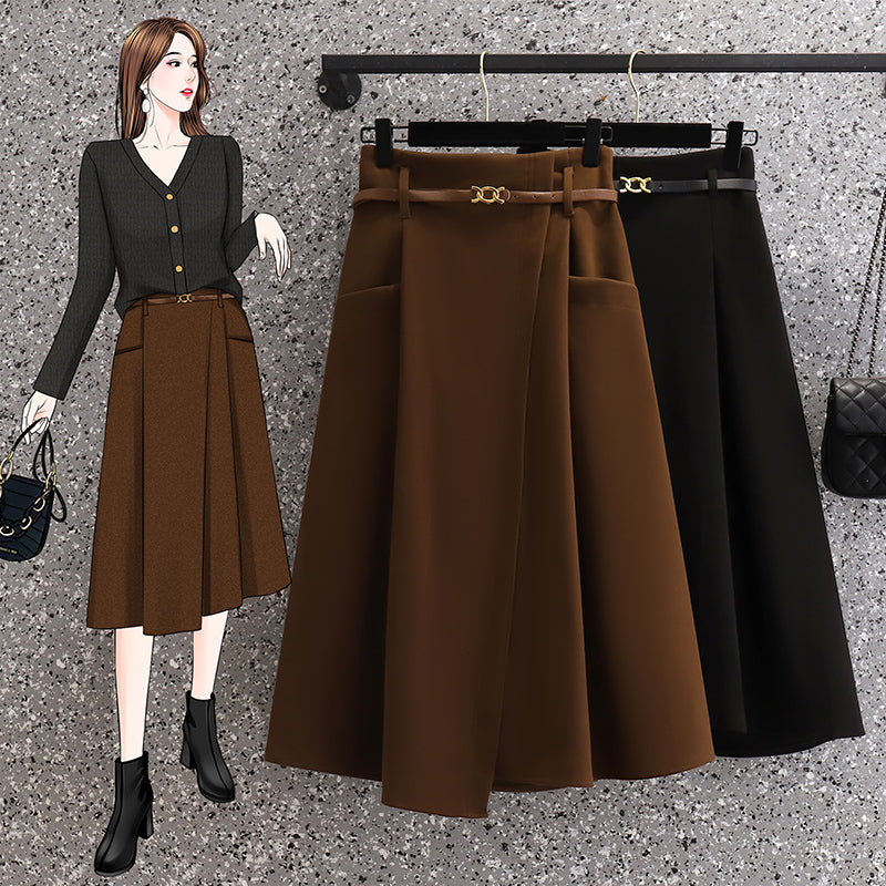 Plus Size Korean Pleat A Line Midi Skirt With Belt Pluspreorder