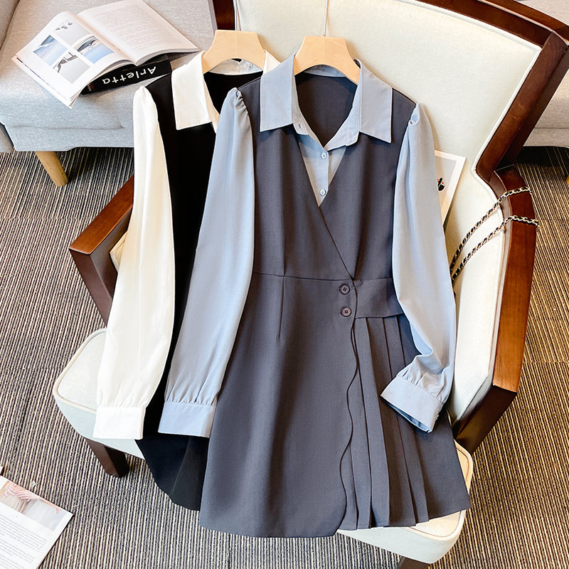 Plus Size Korean Pleat Work Long Sleeve Shirt Dress