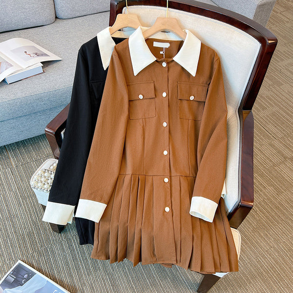 Plus Size Korean Pleats Long Sleeve Shirt Dress