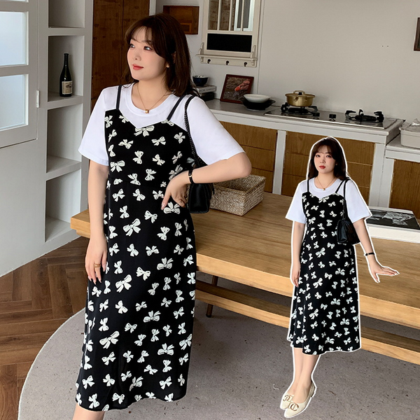 Plus Size Korean Ribbon Midi Dress (Extra Big Size)