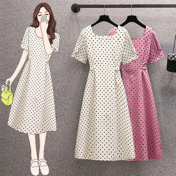 Plus Size Korean Square Neck Polka Dots Short Sleeve Dress