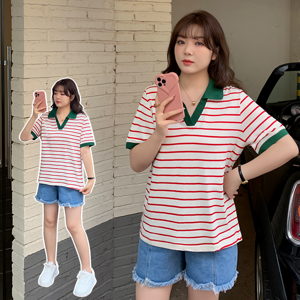Plus Size Korean Stripe Polo T Shirt Top (Extra Big Size)