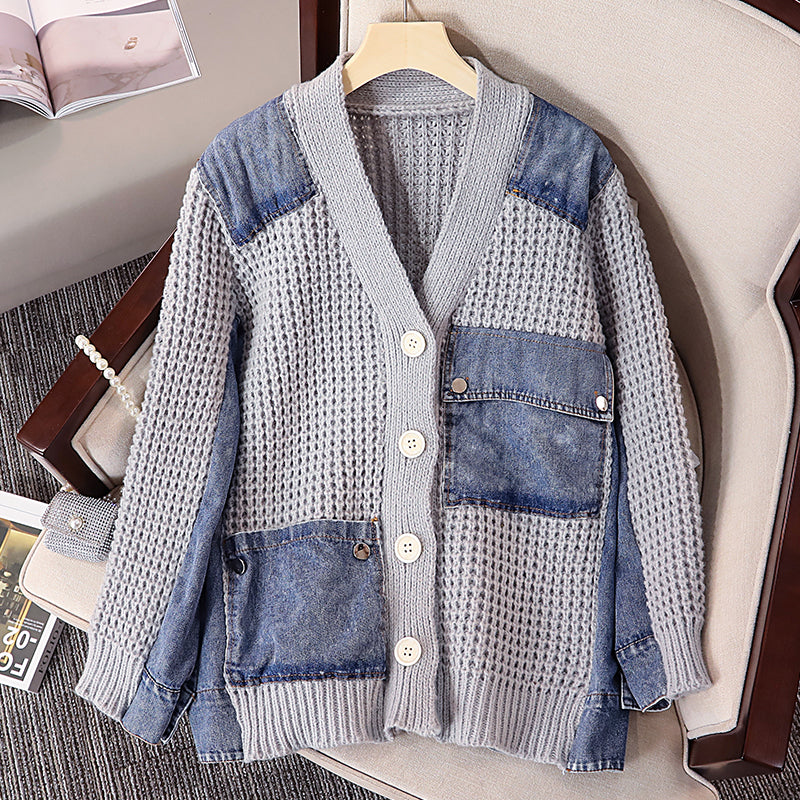 Plus Size Korean Thick Knit Denim Pattern Cardigan Jacket