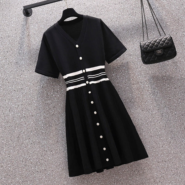 Plus Size Korean Waist Stripe Short Sleeve Dress
