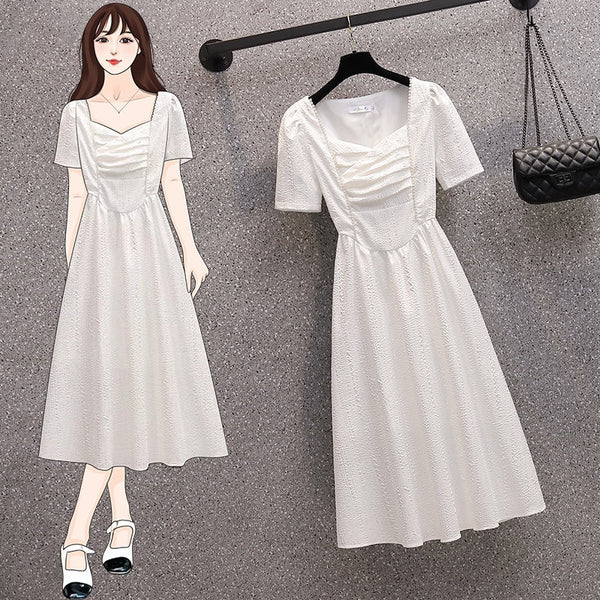 Plus Size Korean White Vintage Sweetheart Short Sleeve Dress