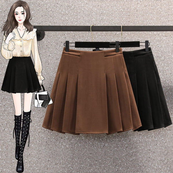 Plus Size Korean Woolen Pleat Mini Skirt
