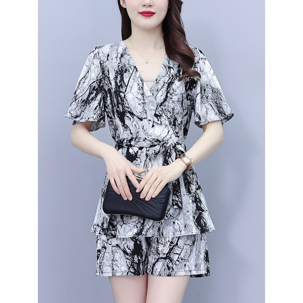 Plus Size Marble Print Wrap Kimono Blouse And Shorts Set