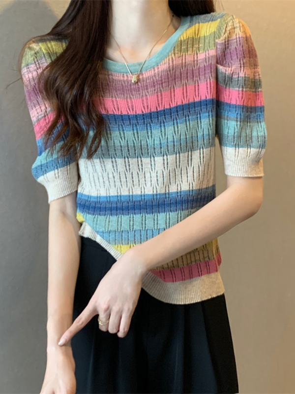 Plus Size Multicolour Rainbow Stripe Knit Blouse