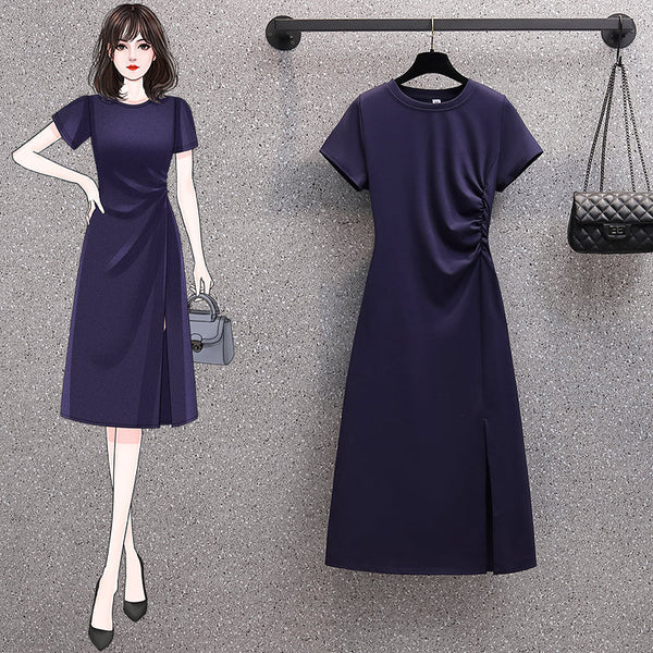Plus Size Navy Slit Korean Short Sleeve Dress