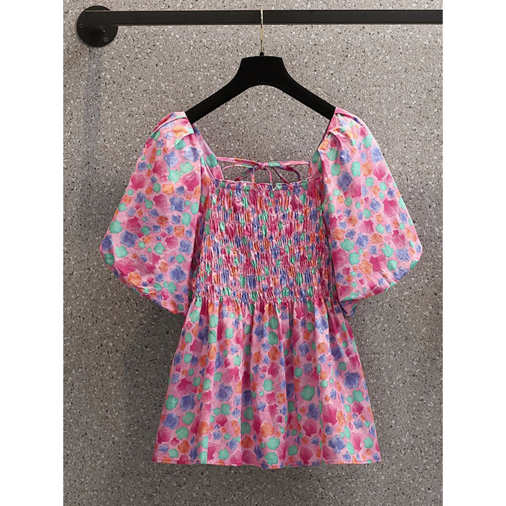 Plus Size Pink Floral Scrunch Blouse