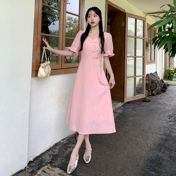 Plus Size Pink Modern Cheongsam Midi Dress
