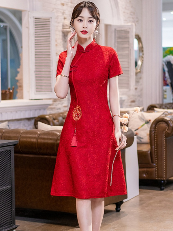 Plus Size Red A Line Cheongsam Dress