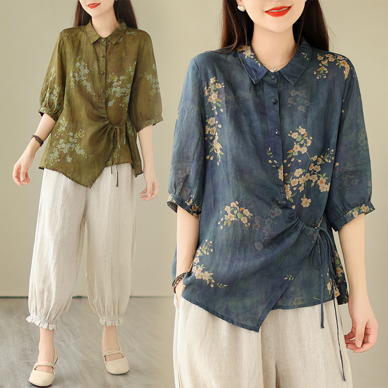 Plus Size Side Tie Floral Shirt Blouse