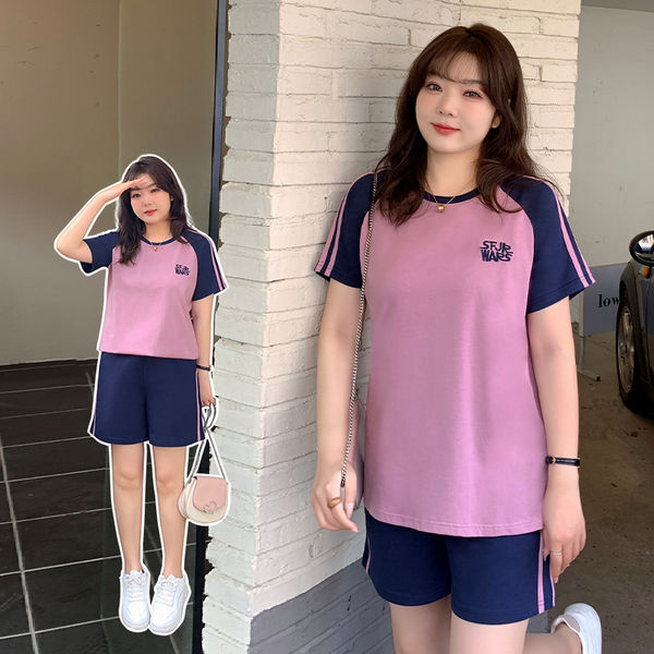 Plus Size Sporty Korean T Shirt And Shorts Matching Set (Extra Big Size)