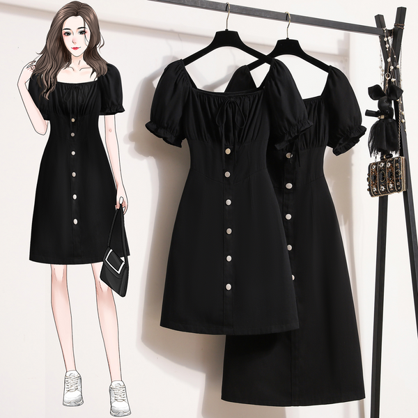 Plus Size Square Neck Black Buttons Midi Dress