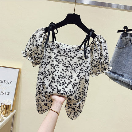 Plus Size Square Neck Floral Ribbon Korean Blouse