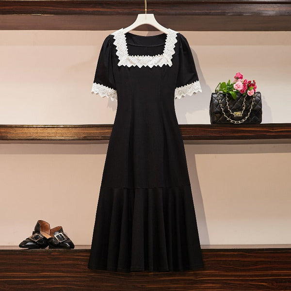 Plus Size Square Neck Lace Short Sleeve Midi Dress