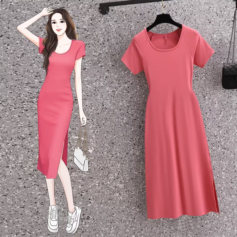 Plus Size Square Neck Pink Midi T Shirt Dress