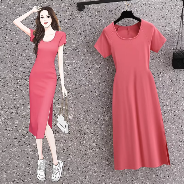 Plus Size Square Neck Pink Midi T Shirt Dress