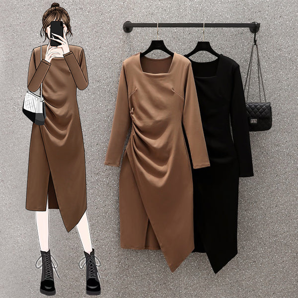 Plus Size Square Neck Wrap Long Sleeve Dress