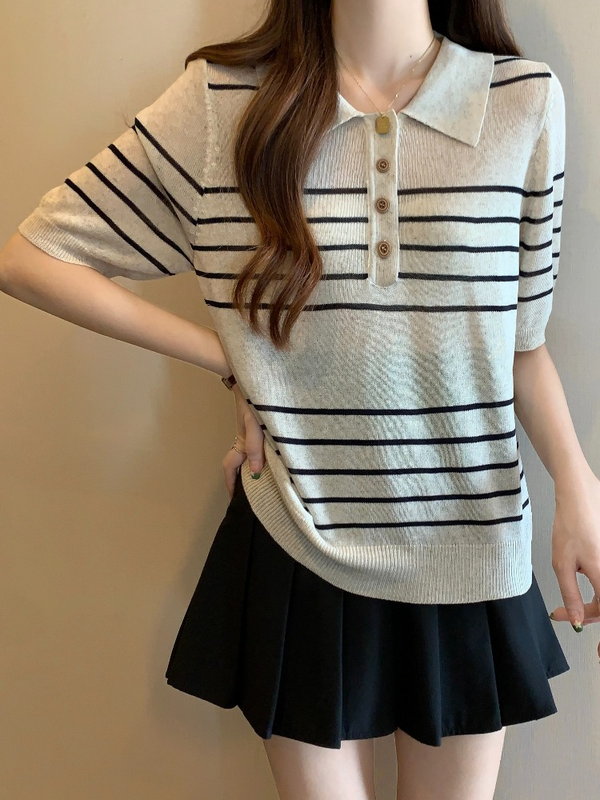 Plus Size Stripe Buttons Polo T Shirt Knit Blouse