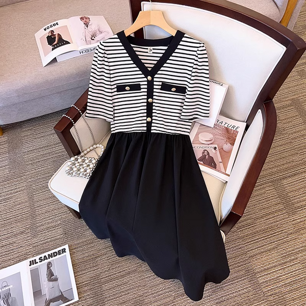 Plus Size Stripes Chanelesque V Neck Short Sleeve Dress