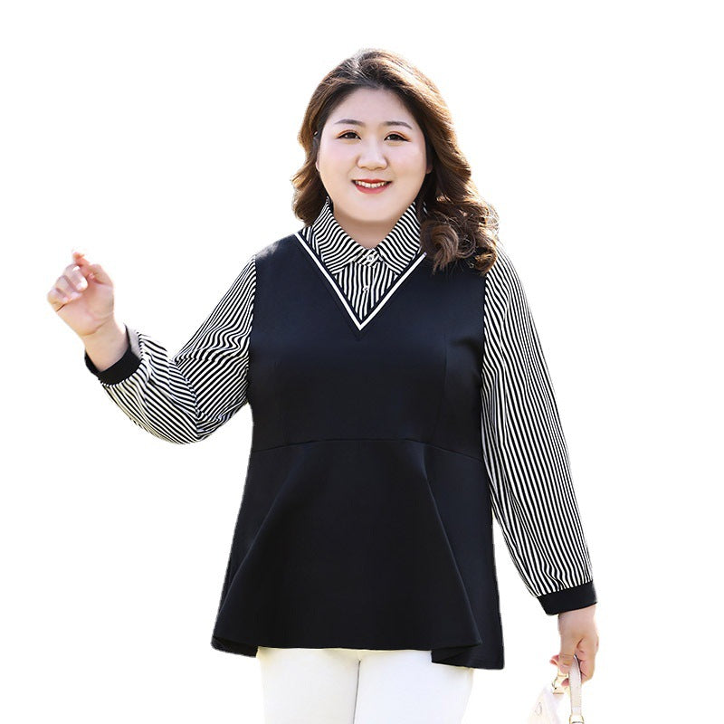 Plus Size Stripes Work Long Sleeve Shirt Blouse (EXTRA BIG SIZE ...