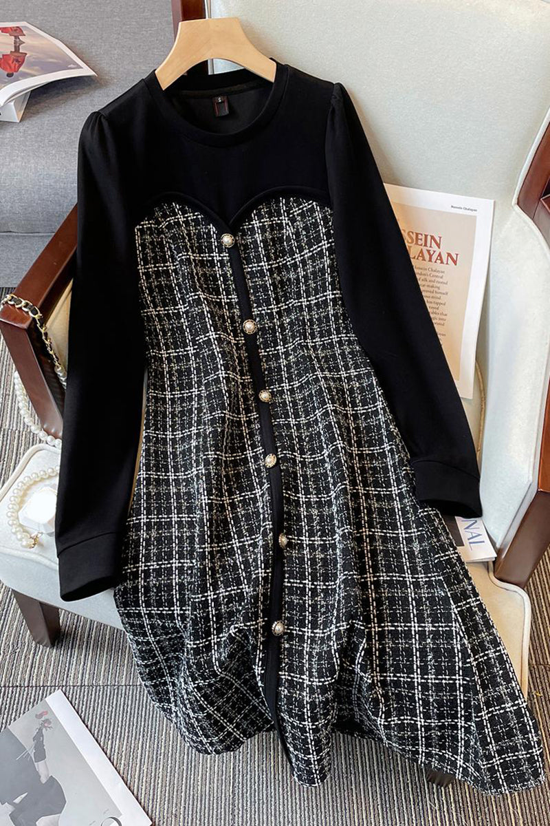 Shirt Collar Tweed Woven Plus Size Dress
