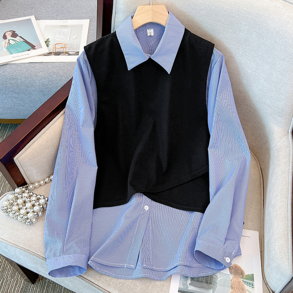 Plus Size Vest and Blue Stripes Long Sleeve Shirt Blouse