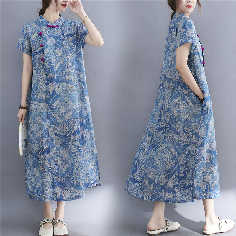 Plus Size Vintage Print Cheongsam Dress