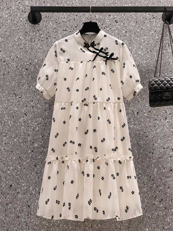 Plus Size White Floral Babydoll Dress Cheongsam