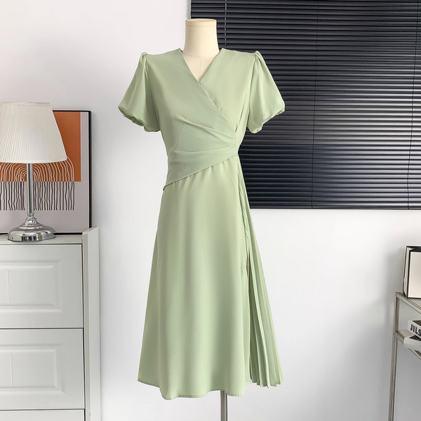 Plus Size Wrap Side Pleat Korean Green Dress