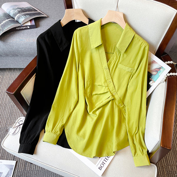 Plus Size Wrap V Neck Buttons Long Sleeve Blouse