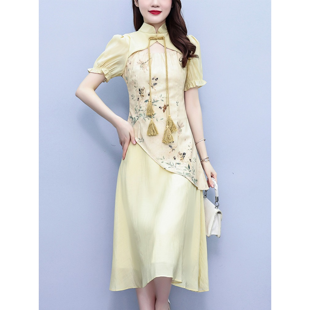 Plus Size Yellow Gold Embroidery Cheongsam Dress