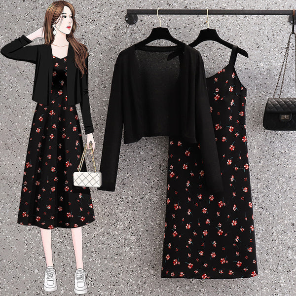 Plus Size Black Floral Cami Dress And Cardigan Set