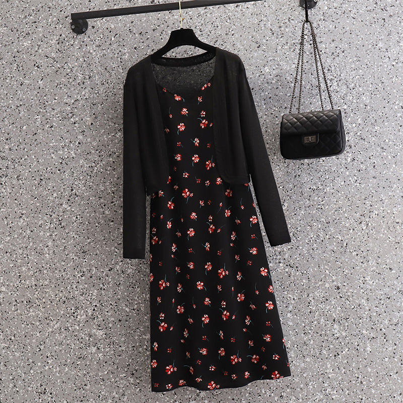 Plus Size Black Floral Cami Dress And Cardigan Set – Pluspreorder