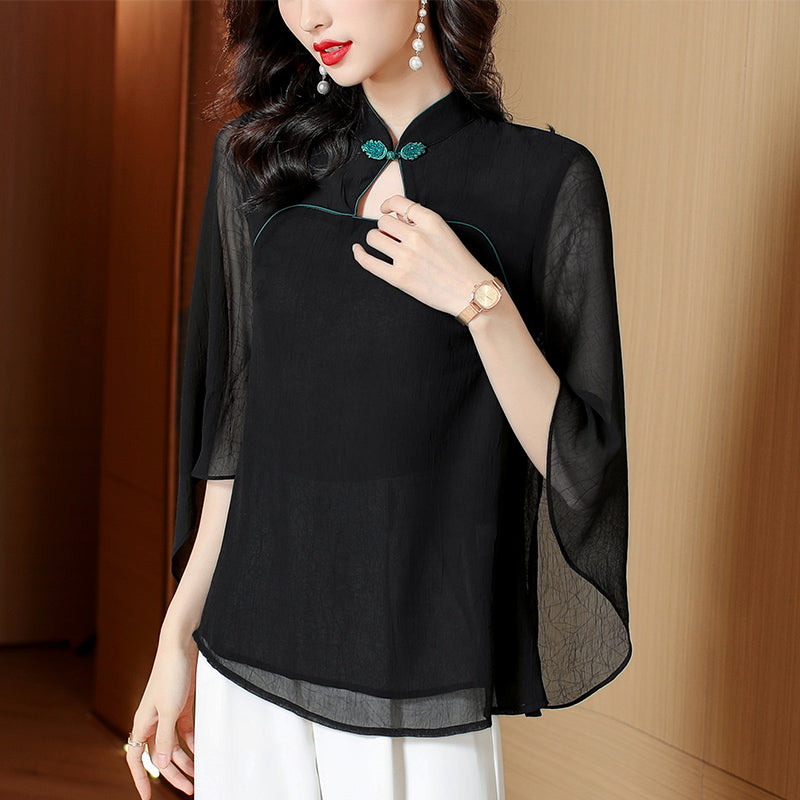 Plus size black loose sleeve cheongsam blouse