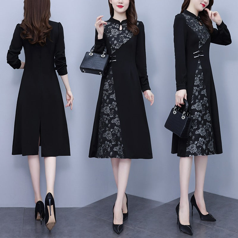 Plus size black rose formal cheongsam long sleeve dress