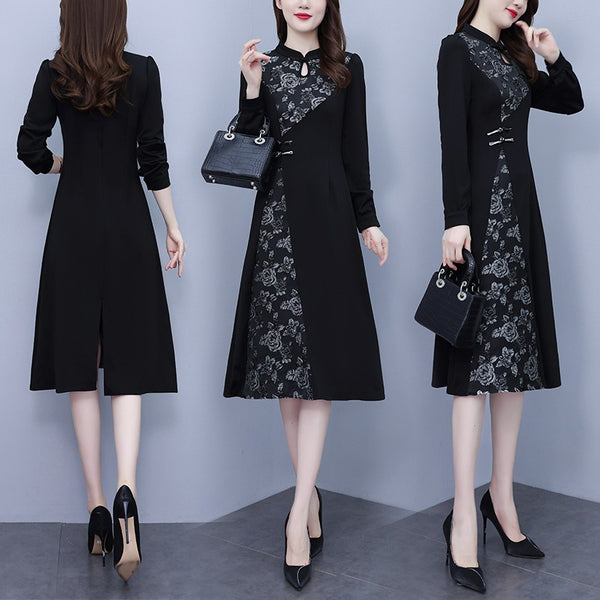 Plus size black rose formal cheongsam long sleeve dress
