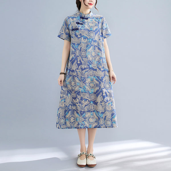 Plus Size Blue Cheongsam Midi Dress