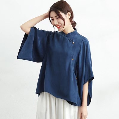 Plus Size Blue Loose Cheongsam Blouse