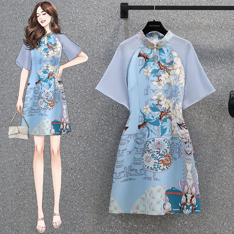 Plus size blue oriental print cheongsam dress