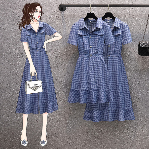 Plus Size Checkerboard Denim Shirt Dress