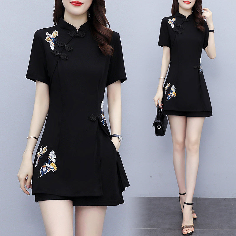 Plus size embroidery tunic cheongsam blouse and shorts set