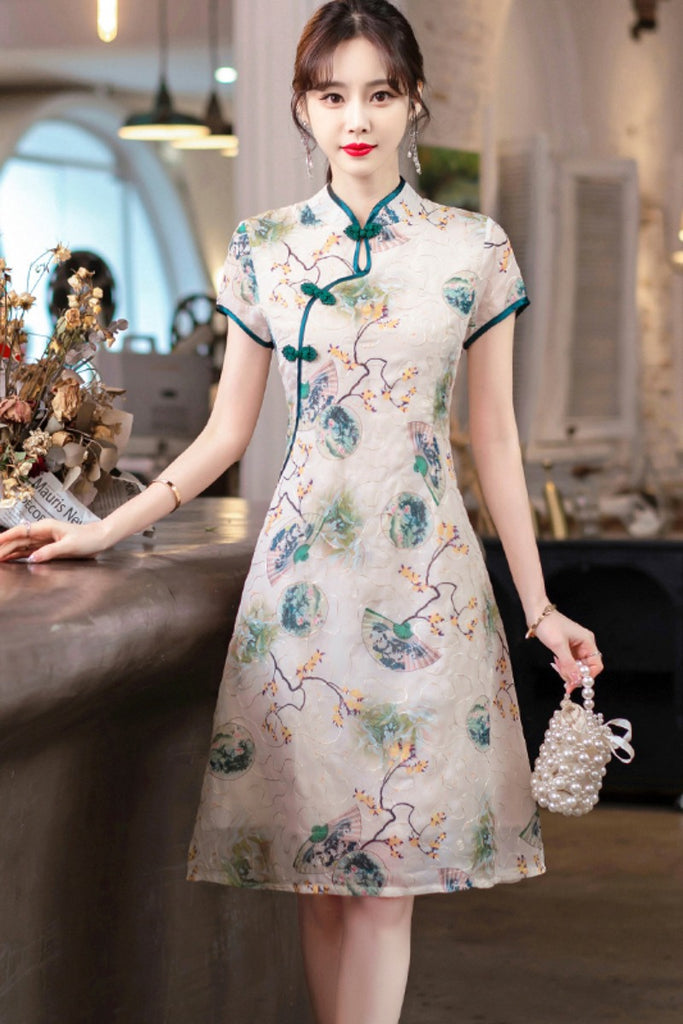 Plus size fan print oriental vintage cheongsam dress Pluspreorder