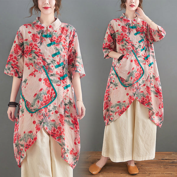Plus Size Floral Pocket Loose Cheongsam Tunic Blouse